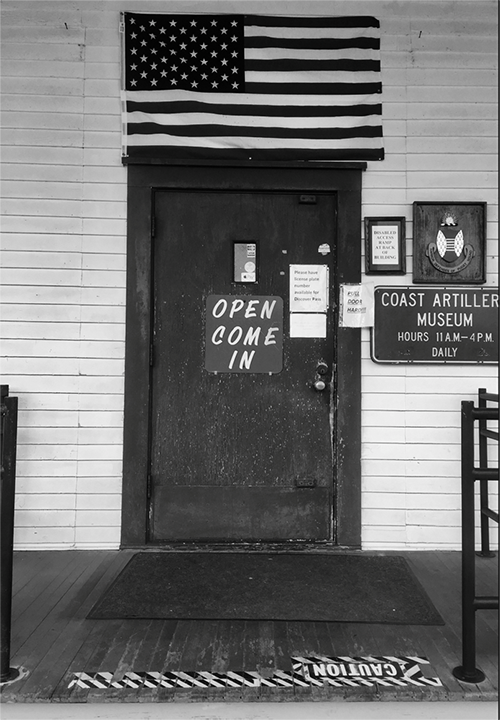 Vertical black-and-white photograph of Coast Artillery Museum at Fort Worden State Park. 